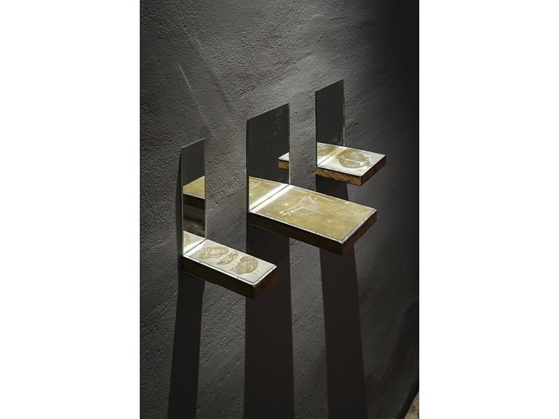 Teresa Milheiro, The power of fragility series, 2019, wall pieces, engraving on zinc, wood and mirrors, 6 ⅞ x 4 ⅞ x 1 inches, 4 ¾ x 4 x 1 inches, 4 x 2 x 1 inches (175 x 125 x 25 mm, 122 x 100 x 25 mm, 125 x 50 x 25 mm), photo: Eduardo Sousa Ribeiro, 2024