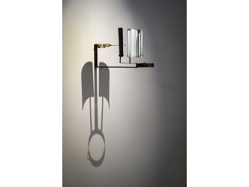 Teresa Milheiro, One way system I, 2021, leash, glass syringe, steel, brass, chrome-plated brass and mirrored acrylic, 18 ½ x 7 ½ inches (closed) to 13 ⅛ x 9 ⅝ inches (open) (470 x 190 [closed] to 335 x 245 mm [open]), photo: Eduardo Sousa Ribeiro, 2024