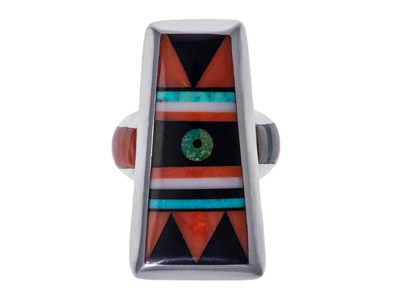 A vintage coral, onyx, turquoise and sterling silver ring, by Jesse Monongya (Navajo/Hopi), AZ, USA (1952–2024), 1977, size 06, photo courtesy of Mahnaz Collection