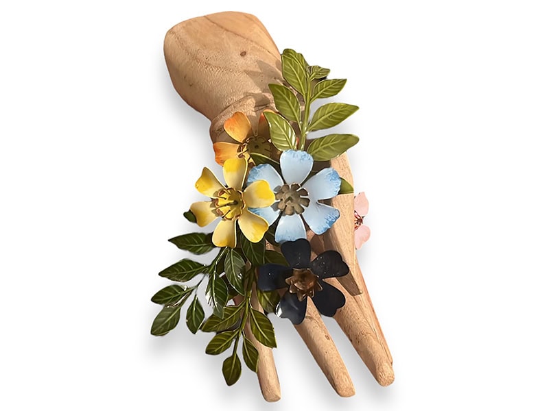 matt lambert, Let Go of the Bird and Whisper to the Flowers_4, 2024, brooch in wood, brass, cold enamel, steel, makassar pearl, 5 ⅞ x 3 ⅛ x 2 inches (150 x 80 x 50 mm), photo: artist