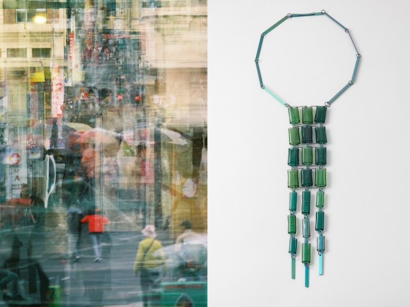 Blanche Tilden, Hosier, 2023, neckpiece in borosilicate glass, anodized titanium, oxidized sterling silver, 20 ½ inches (520 mm) long, glass section 11 ⅜ x 2 x ¼ inches (290 x 50 x 8 mm), photo: Fred Kroh