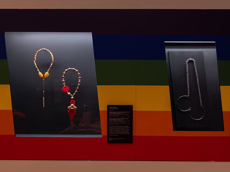 A display of jewelry by (left) Cheryl R. Riley and (right) Rebekah Frank, shown in OUT of the Jewelry Box, Museum of Arts and Design, New York (April 20, 2024–April 12, 2026), photo: Jenna Bascom, courtesy of the Museum of Arts and Design