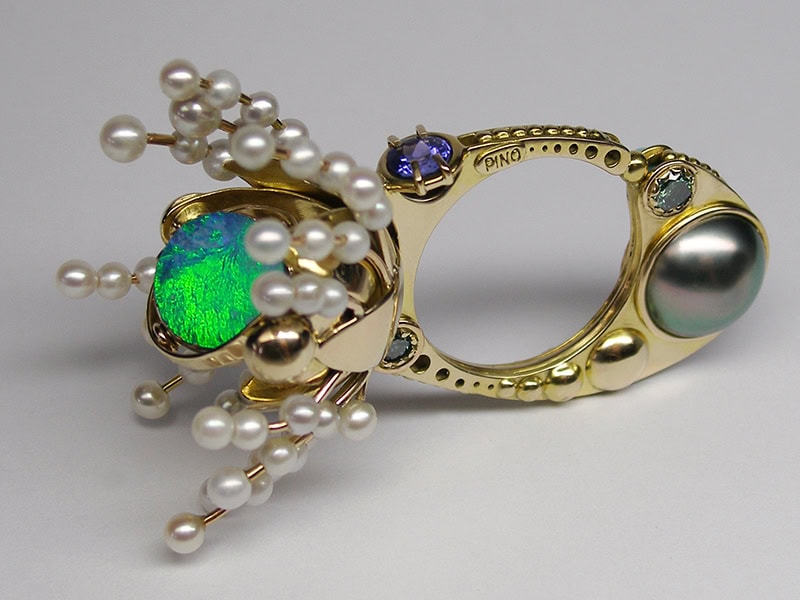 Claudio Pino, Cereus, Night-Blooming, ring in 14-karat gold, opal, yellow and blue diamonds, moonstone, rubies, pearls, sleeping beauty turquoise, freshwater pearls, photo: artist