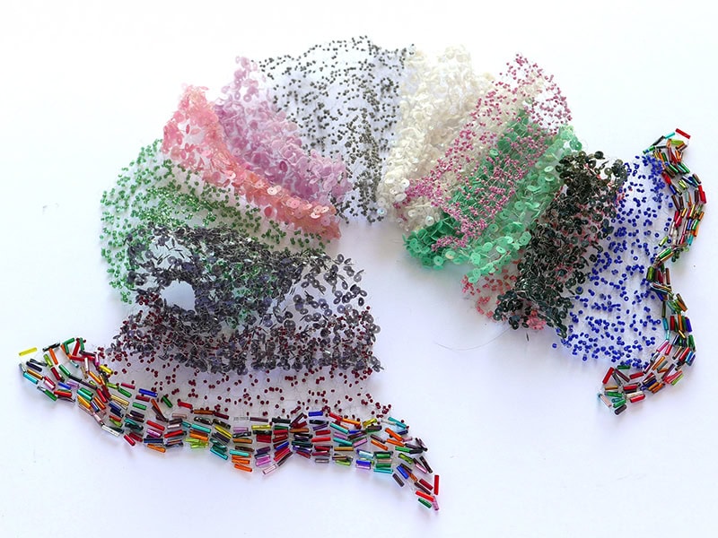 Verena Sieber-Fuchs, Lovely, 2024, shawl in old beads and sequins, stainless steel wire, approximately 41 x 6 ¾ x ⅜ inches (104 x 17 x 1 cm), photo: Sebastien Sieber