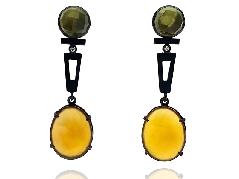 Daphne Krinos, Earrings, in oxidized sterling silver, garnet, lemon citrine, diamond, approximately 2 x ½ inches (51 x 13 mm), photo: Pistachios