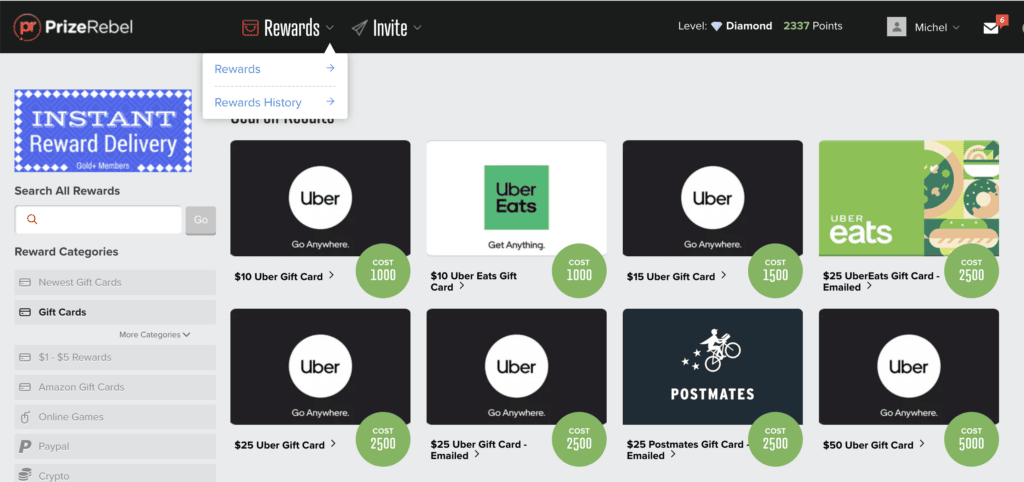 Here's a screenshot of how to get free uber eats gift cards from Prizerebel