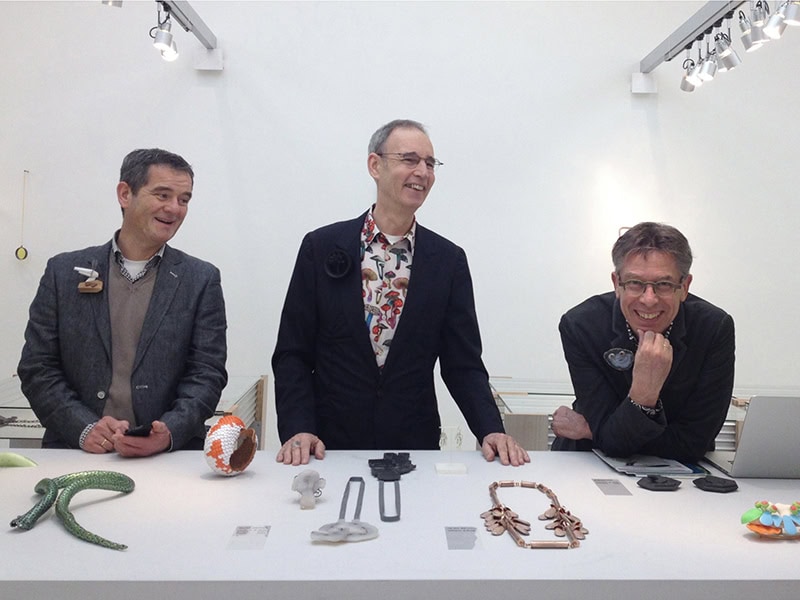 (Left to right) Bob de Waal—this jack-of-all-trades helped out Galerie Rob Koudijs during art fairs; they called him their "fly goalie" since he was a pilot in daily life)—Ward Schrijver, and Rob Koudijs at Collect London, photo courtesy of Galerie Rob Koudijs