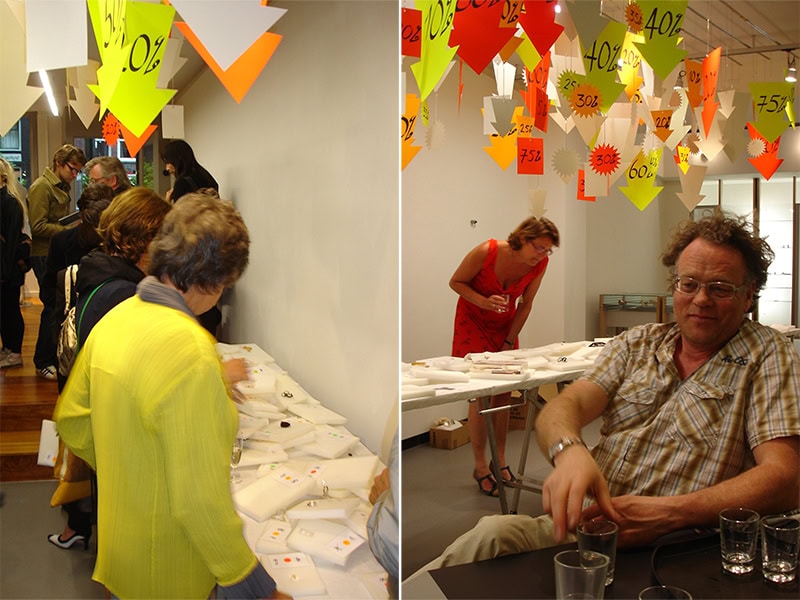 Exhibition views of Ted Noten: Sale, held on the occasion of Galerie Rob Koudijs’s one-year anniversary, in 2008. The photo on the right shows the artist, with the art historian Liesbeth den Besten behind him, photo courtesy of Galerie Rob Koudijs