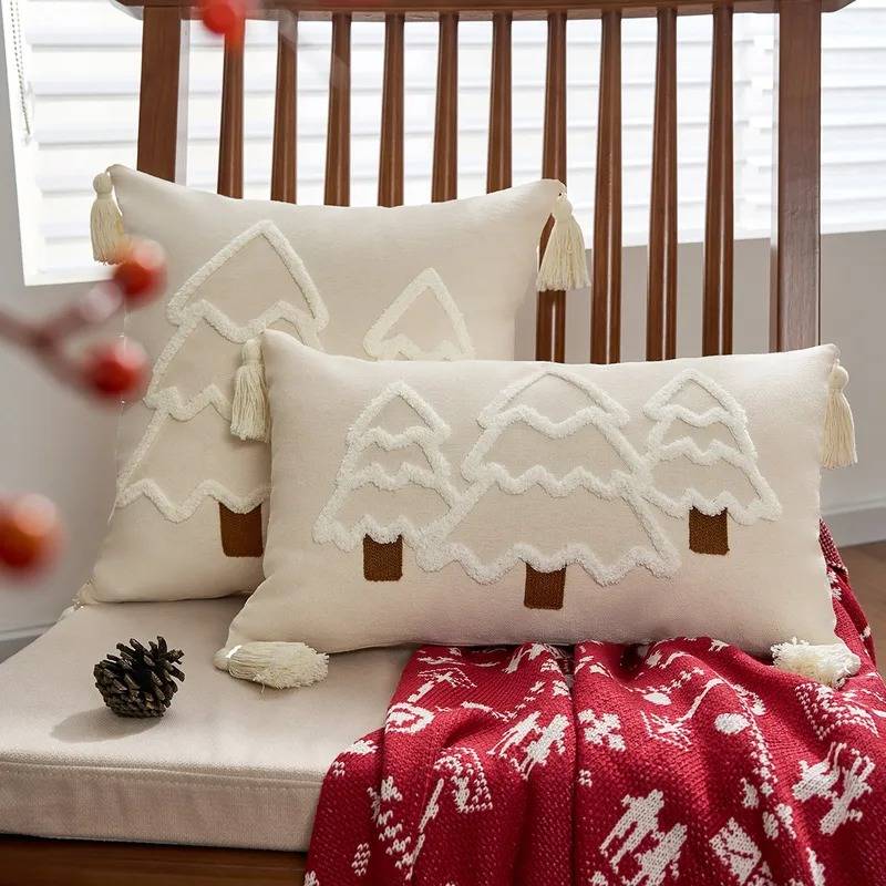 seasonal items for the 2024 winter-Christmas Pillow Cover, Christmas Tree Canvas Embroidered Pillow, Tassel Decorative Sofa